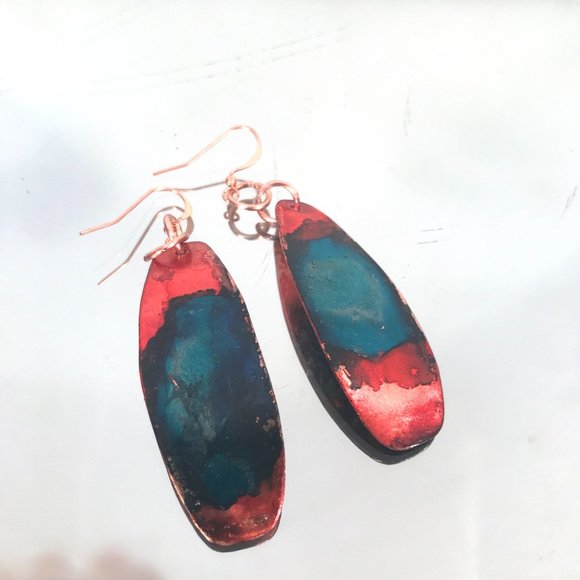 Blue Red Rustic Solid Copper Long Painted Earrings Handmade OOAK Bohemian Hippie - Picture 8 of 11